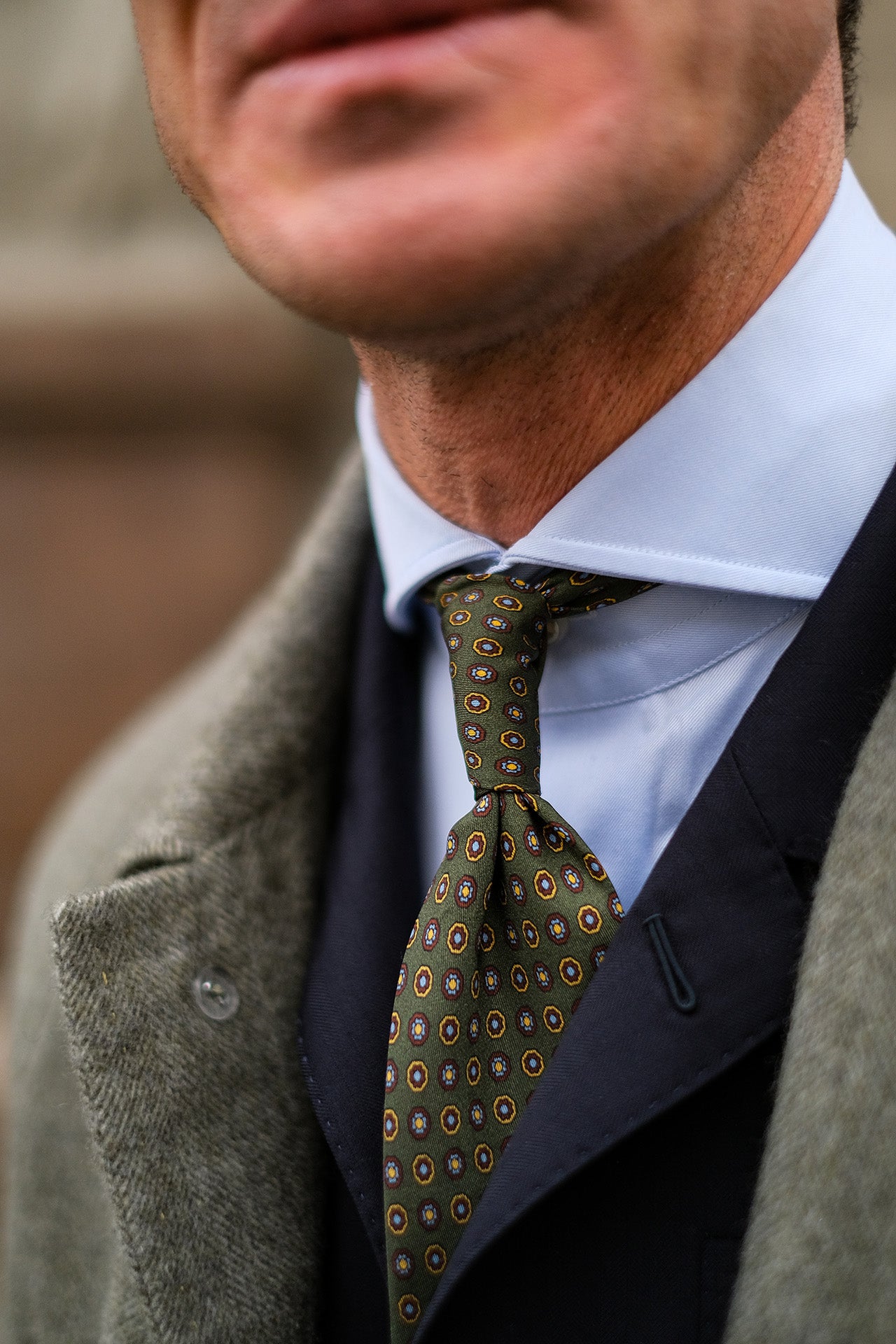 Olive Green Silk Tie with Yellow Flower Medallions — Also Available in Brown Paisley