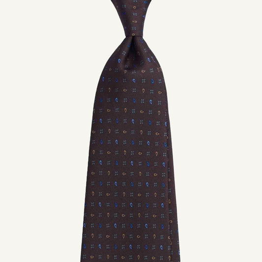 Brown Silk Tie with Paisley and Flowers Pattern — Also Available in Olive Green