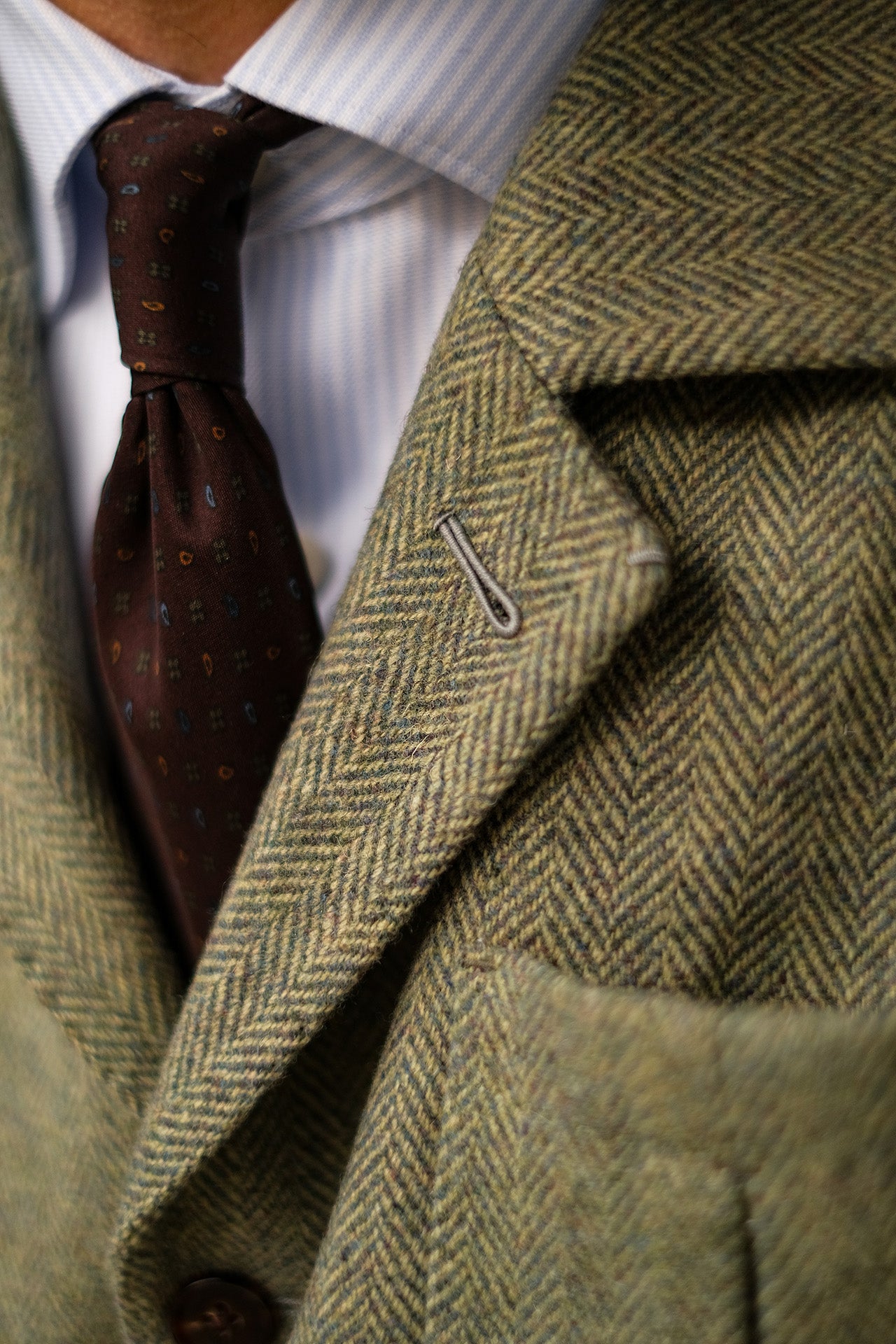Brown Silk Tie with Paisley and Flowers Pattern — Also Available in Olive Green