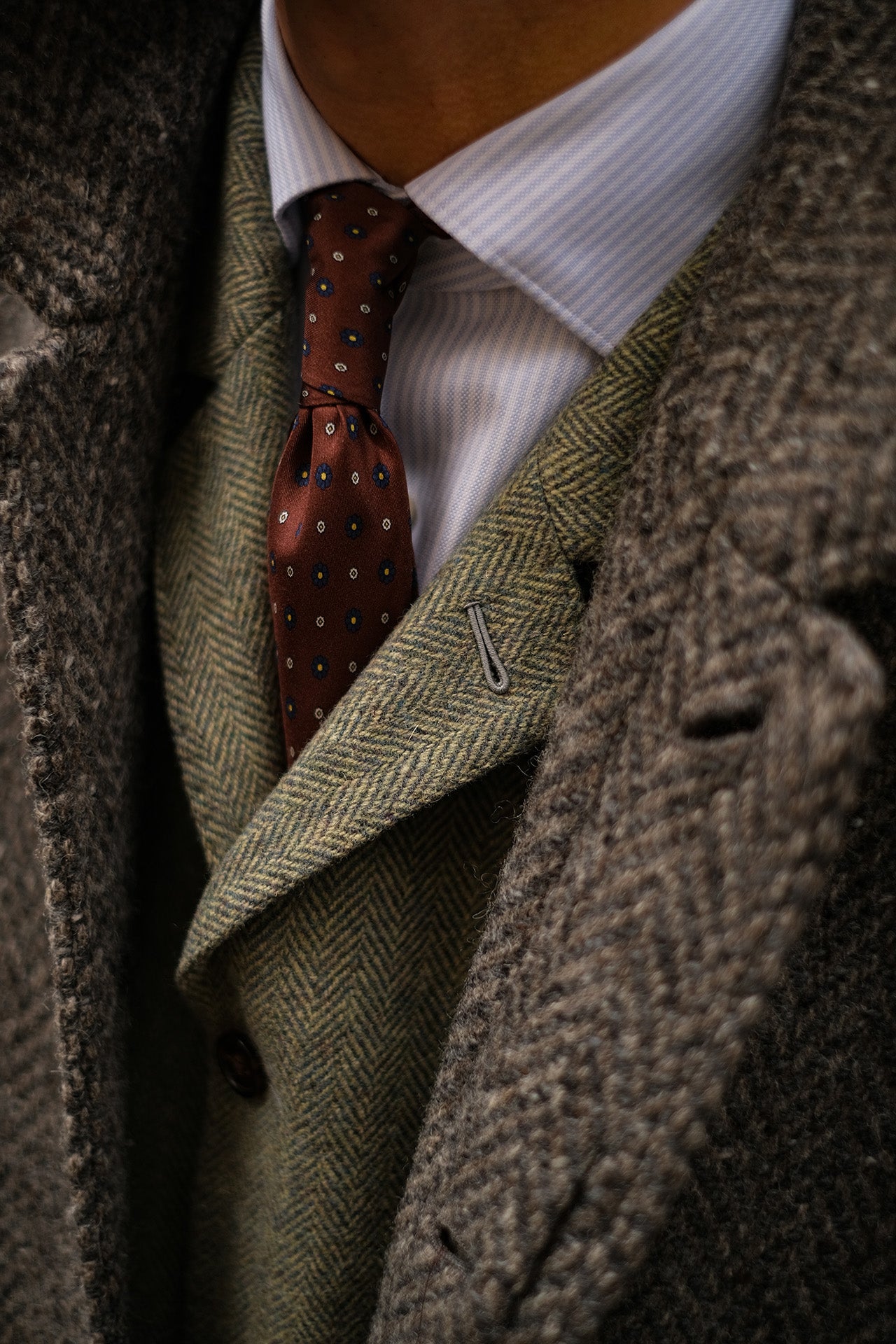 Brown Silk Tie with Paisley and Flowers Pattern — Also Available in Olive Green